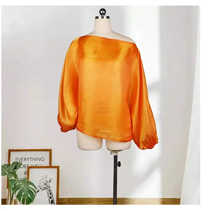 Women's Off Shoulder Top Long Lantern Sleeve See Through Blouse