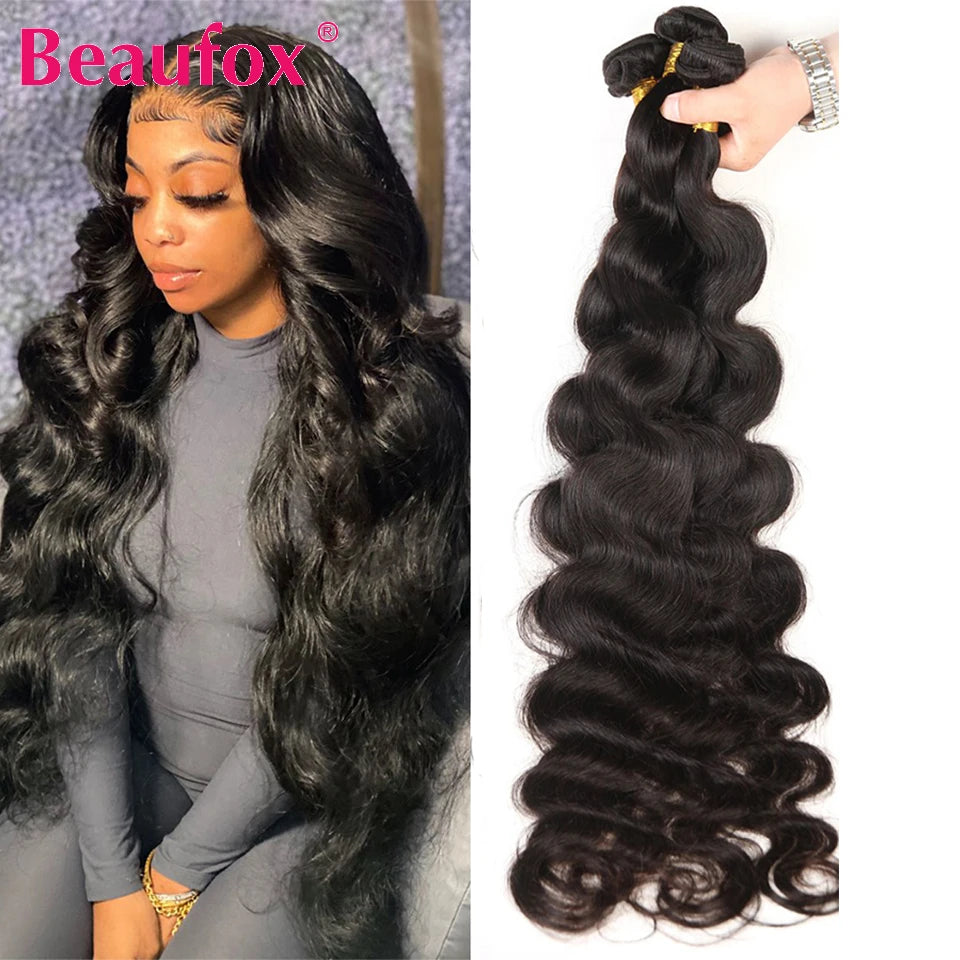 Beaufox Body Wave Bundles Brazilian Hair Weave Bundles 1/3/4 PCS Human Hair Bundles Natural /Jet Black 8-30"Remy Hair Extensions
