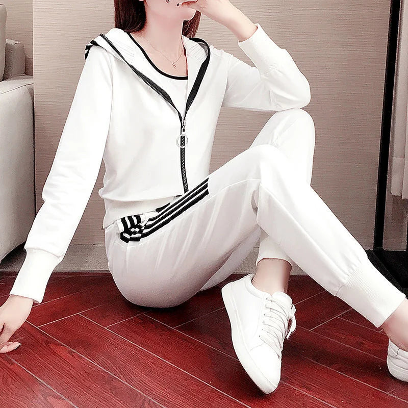 Women's Tracksuit Spring Autumn New Korean Fashion Loose Cropped Hoodie Coat Vest Pants Three Piece Set Jogging Suits For Women