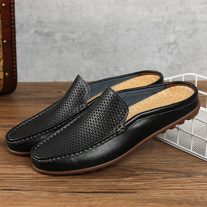 Italian Men Slippers Genuine Leather Loafers Moccasins Outdoor Non-slip Black Casual Slides Summer Spring Fashion Shoes