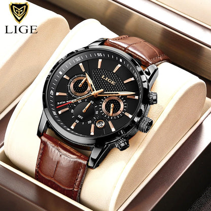 New Mens Watches LIGE Top Brand Luxury Leather Casual Quartz Watch Men's Sport Waterproof Clock Watch Relogio Masculino+Box