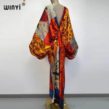 Sexy bech high-quality hand-rolled feel silk rayon fashion print  WINYI Maxi women's robes long beach V-neck Bohemian dress
