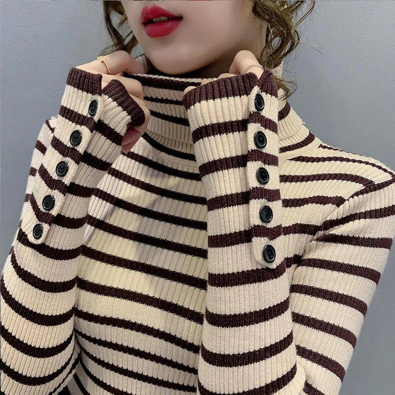 Turtle Neck Women Striped Sweater Autumn Winter New Korean Fashion Slim Pullover Basic Top Soft Knit Sweaters Long Sleeve Button