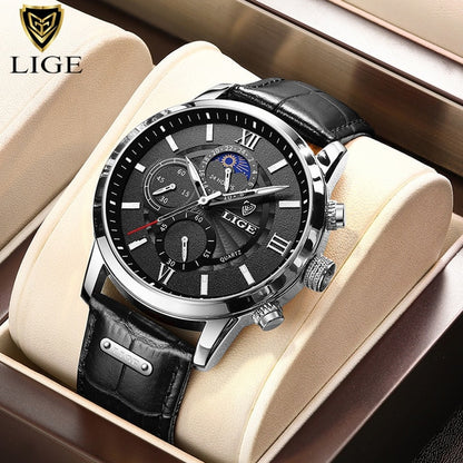 New Mens Watches LIGE Top Brand Luxury Leather Casual Quartz Watch Men's Sport Waterproof Clock Watch Relogio Masculino+Box