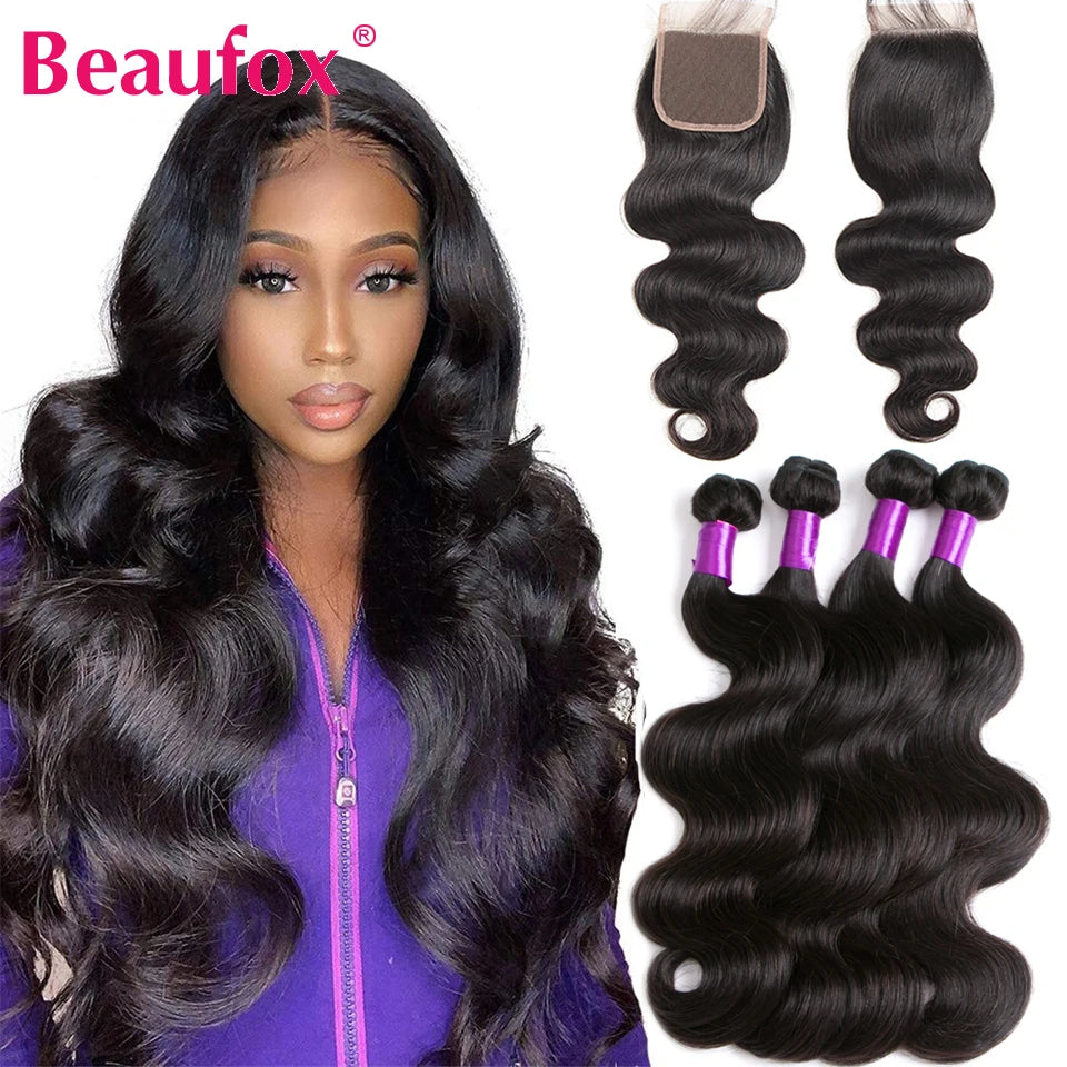 Beaufox Body Wave Bundles With Closure Brazilian Hair Weave 3/4 Bundles With Closure Natural Human Hair Bundles With Closure