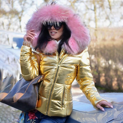 Women Thick Parka Fur Collar Hooded Jacket Coat  Winter Ladies Casual Zipper Short Jacket Fashion Cotton Padded Warm Outwear
