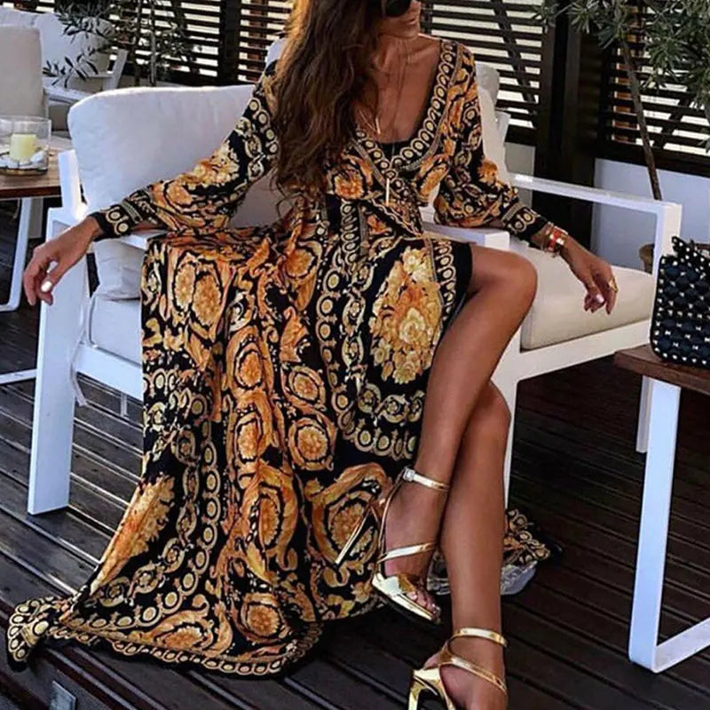 Womens Boho V-Neck Printed Sundress Long Maxi Dress for Summer