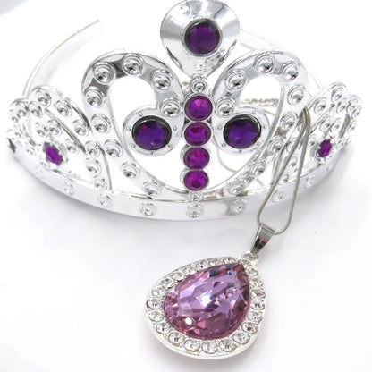 Kids Girls Princess Sofi The First Purple Teardrop Amulet Chain Necklaces Tiara Crown Hair Clip Jewelry Set Gift For Child 1Set