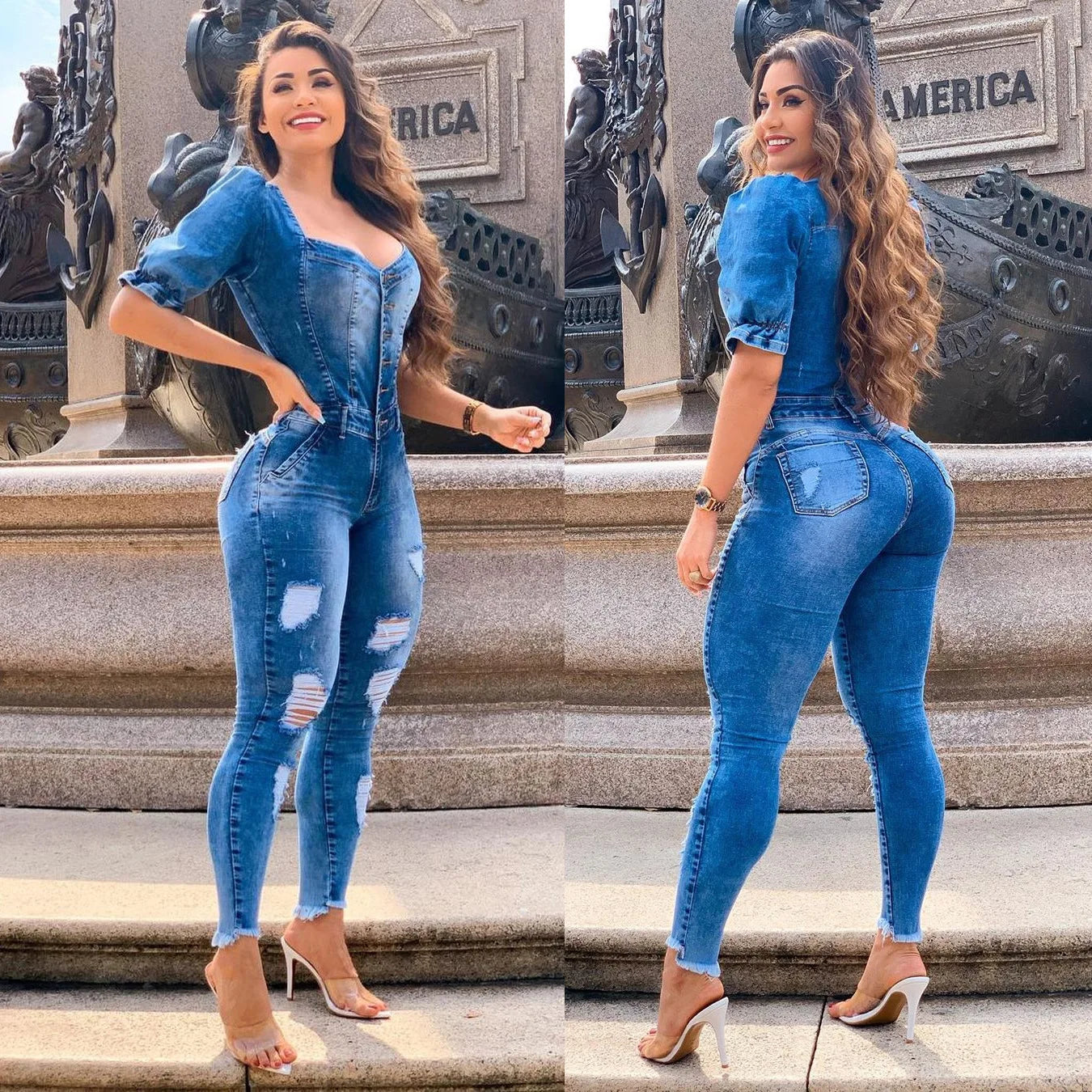 Women Buttons Sexy Denim Jumpsuit Hole Long Rompers Pocket Bodycon Summer Jeans Overalls Casual Fashion Party Club Playsuit