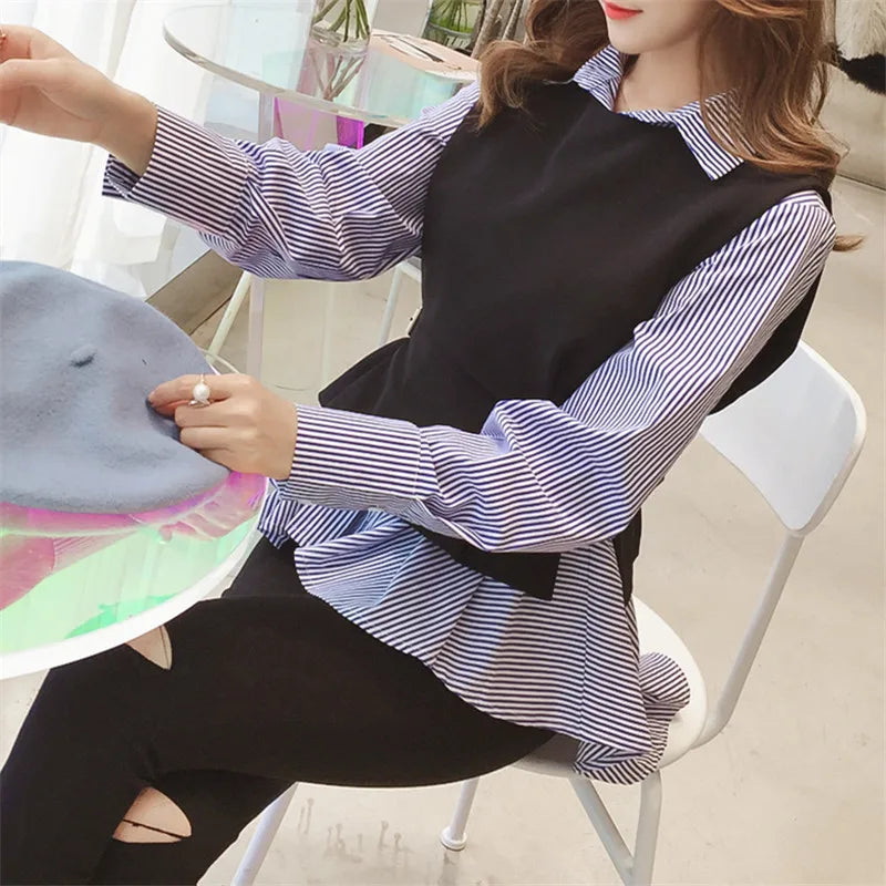 Two Piece Blouse Women Long Sleeve Vest And Blouse Korean Stripe Shirts Spring Autumn Tops blusas mujer