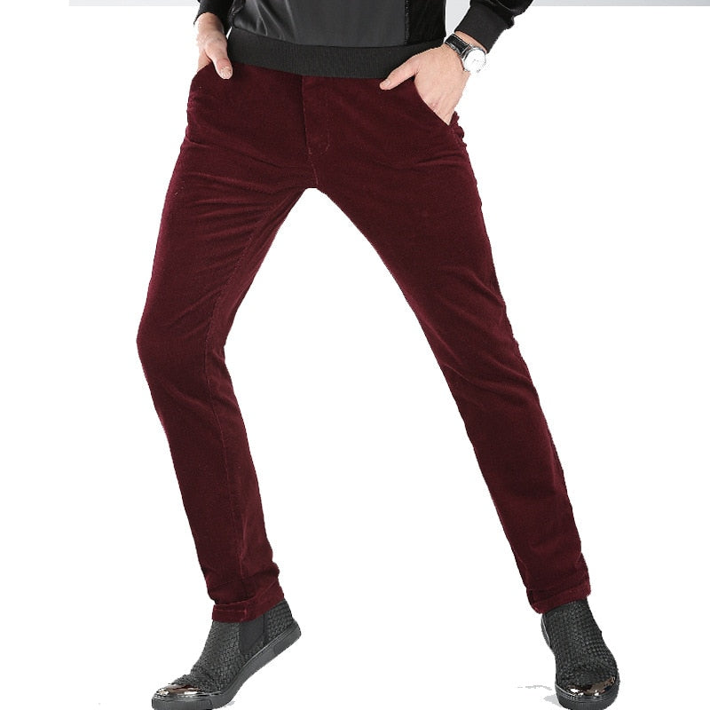 Autumn and Winter Men&#39;s Corduroy Thick Casual Pants Business Fashion Stretch Slim Trousers Male Brand Brown Red Wine Navy Black