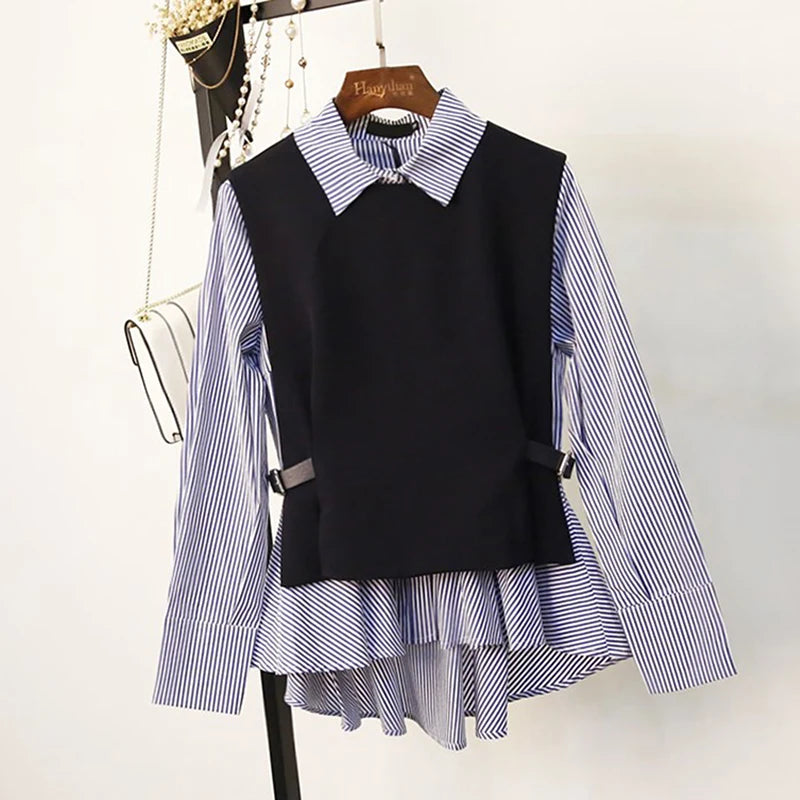 Two Piece Blouse Women Long Sleeve Vest And Blouse Korean Stripe Shirts Spring Autumn Tops blusas mujer