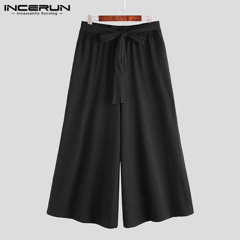 INCERUN Vintage Men Wide Leg Pants Streetwear Lace Up Joggers Cotton Solid Baggy Casual Trousers Men 2023 Long Pants Plus Size