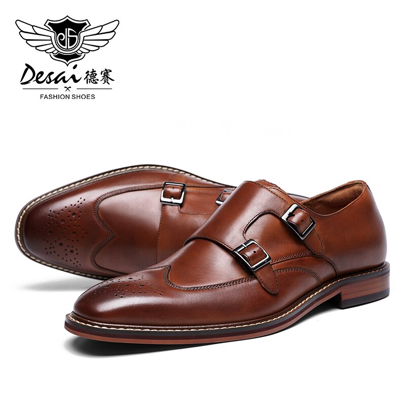 DESAI Monk Strap Slip on Genuine Leather Business Handmade Dress Brogue Shoes for Men with Buckle