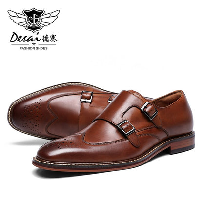 DESAI Monk Strap Slip on Genuine Leather Business Handmade Dress Brogue Shoes for Men with Buckle