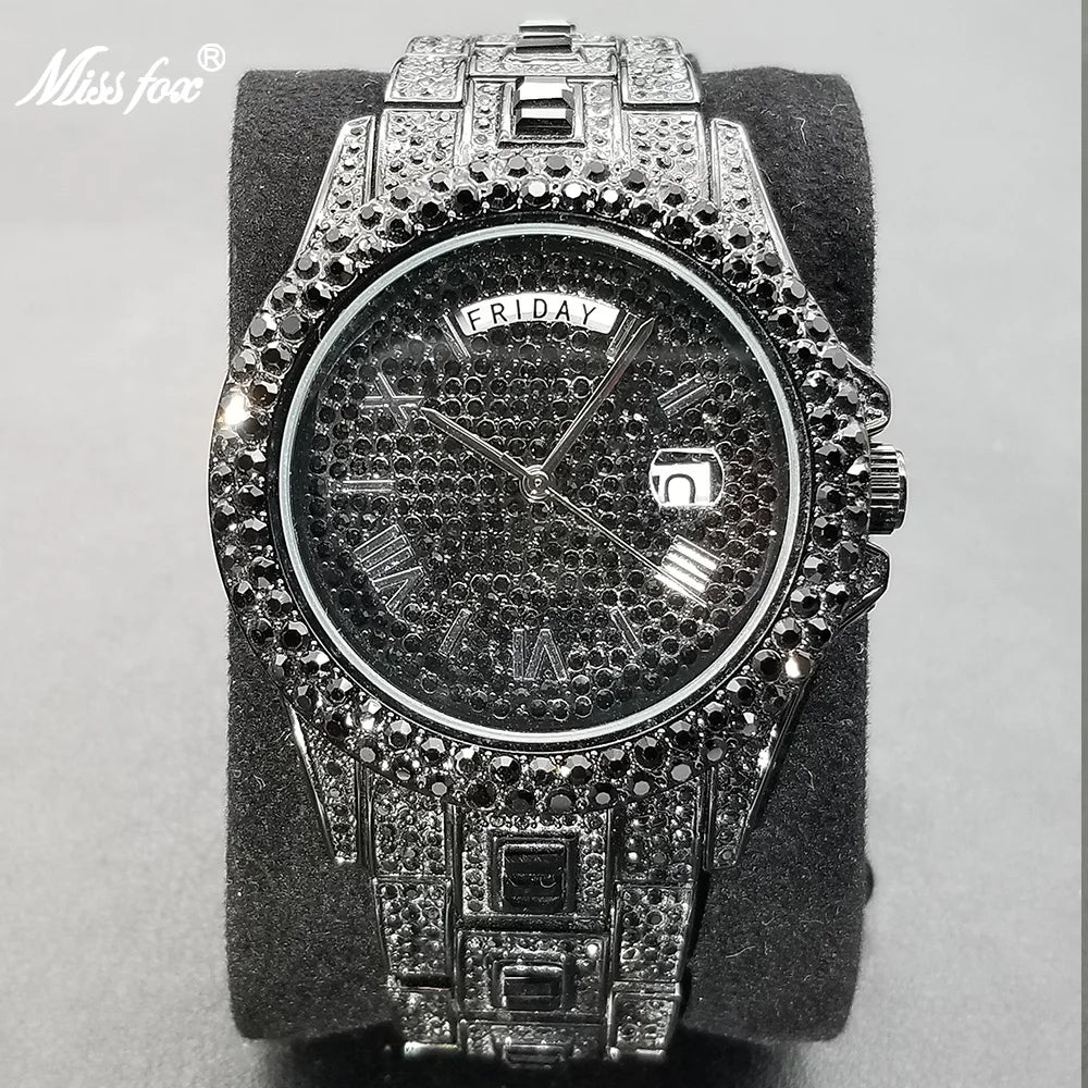 Vollvergoldete Eisuhr für Herren, Luxuriöse goldene Hip-Hop-Diamant-Quarz-Herrenuhren, Wasserdicht, Tagesdatum, Bestsellerprodukt 2023