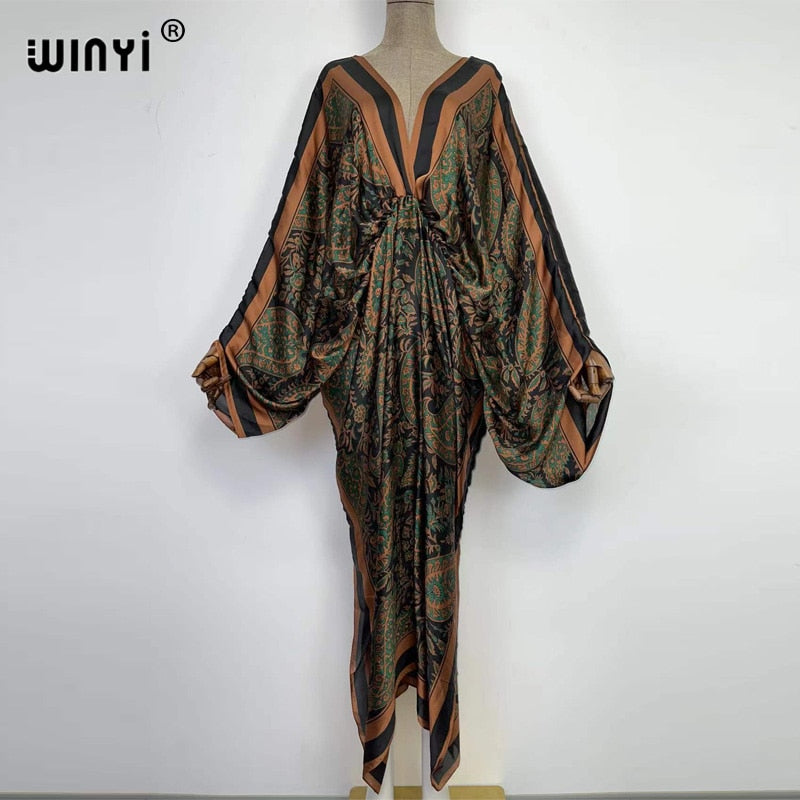 Sexy bech high-quality hand-rolled feel silk rayon fashion print  WINYI Maxi women's robes long beach V-neck Bohemian dress