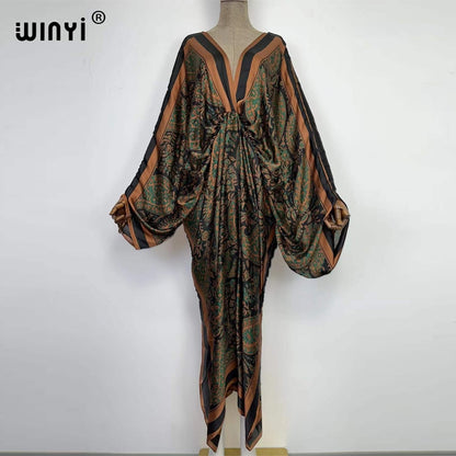 Sexy bech high-quality hand-rolled feel silk rayon fashion print  WINYI Maxi women's robes long beach V-neck Bohemian dress