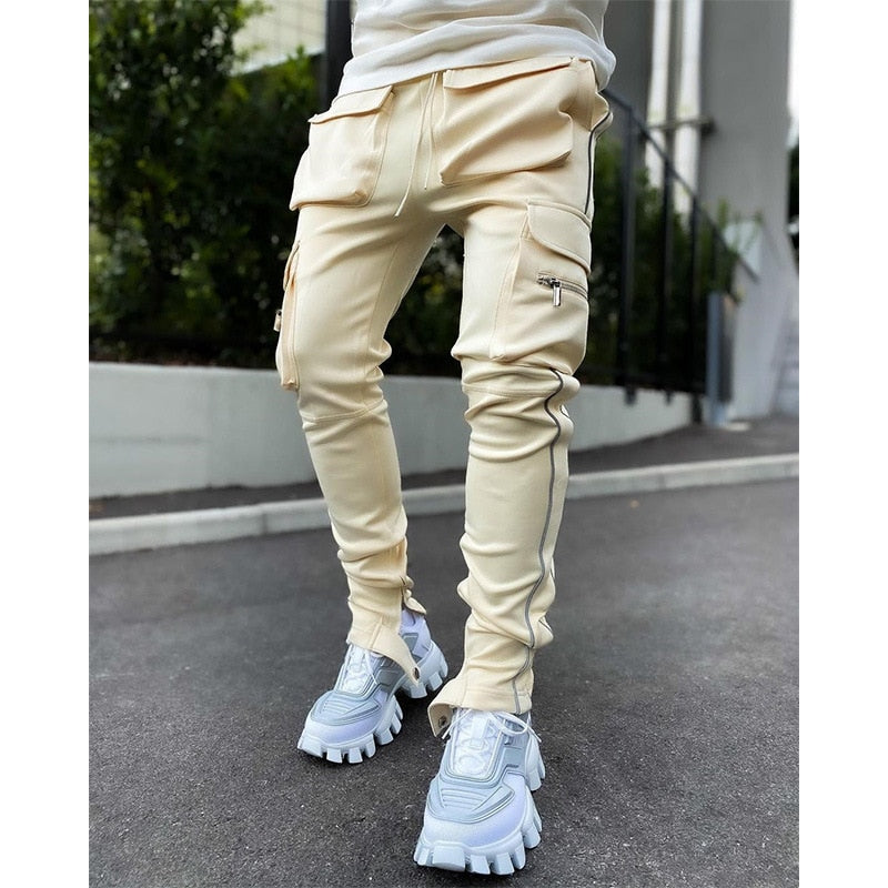 GODLIKEU Pantaloni cargo primăvară toamnă bărbați elastici cu mai multe buzunare reflectorizante drepte sport fitness pantaloni casual pantaloni de jogging