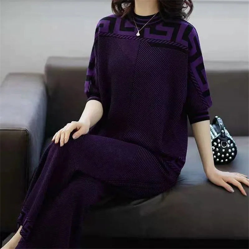 Two-piece Women Temperament Knitwear Clothing Set 2023 Fashion New Autumn Loose Top+Wide Leg Pants Ladies Casual Clothing Sets