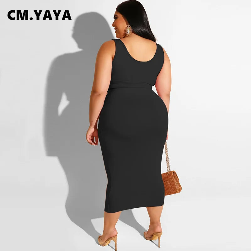 CM.YAYA Women Sets Plus Size Solid Tank Tops Bandage Sheath Elastic Long Skirts Two 2 Piece Set Tracksuit Summer Outfit 2021