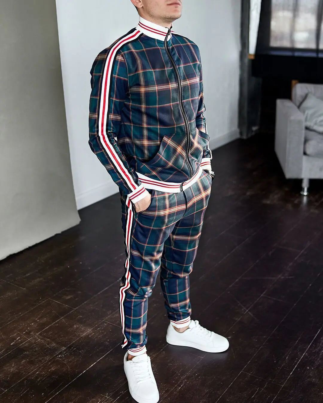Mens Tracksuits Colorful Plaid Casual Zipper Hoodie Set 3D Print Set New Autumn Male Sweatshirt Clothes For Men