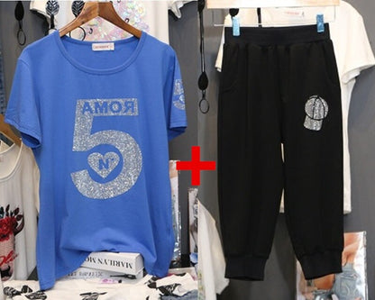 UHYTGF Loose size Two Piece Set Women Tracksuit Set Summer Tops For Womens  Casual Thin Sportswear Diamond Hat Top Pants 119