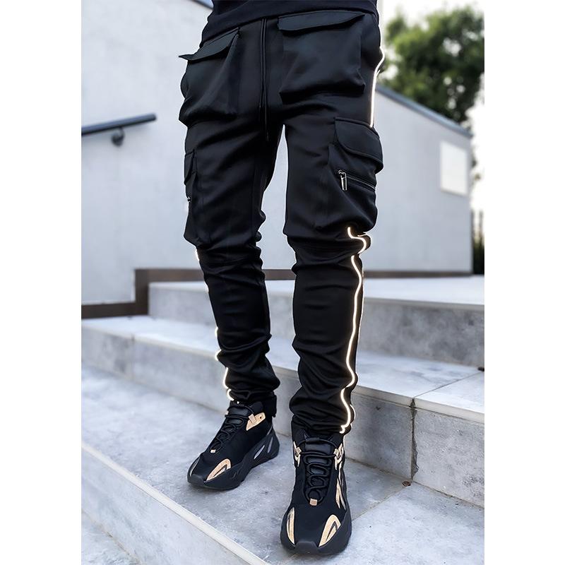 GODLIKEU Cargo Pants Spring Autumn Mens Stretch Multi-Pocket Reflective Straight Sports Fitness Casual Trousers Joggers