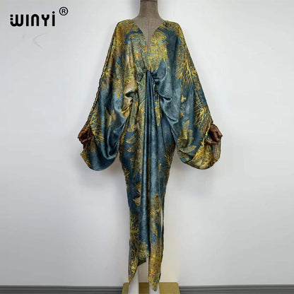 Sexy bech high-quality hand-rolled feel silk rayon fashion print  WINYI Maxi women's robes long beach V-neck Bohemian dress