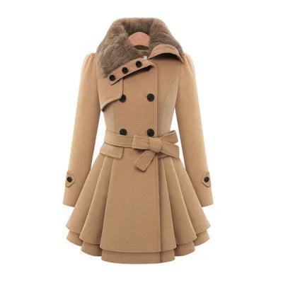 Women's Winter Slim Long Wool Sherpa Coat Double Breasted Padded Korean Cashmere Coat England Style Trench