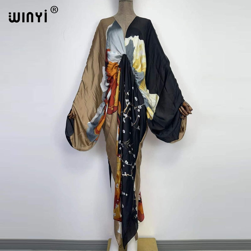 Sexy bech high-quality hand-rolled feel silk rayon fashion print 2021 WINYI Maxi women&#39;s robes long beach V-neck Bohemian dress