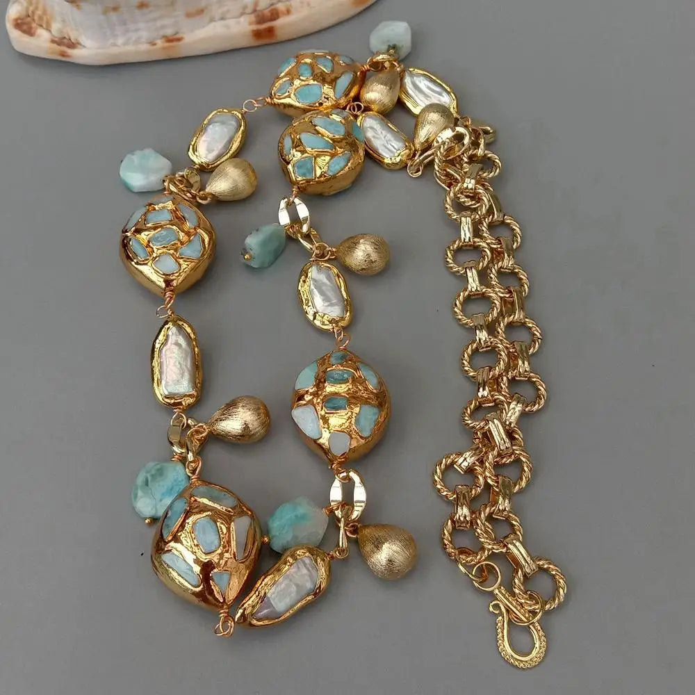 KKGEM natural blue larimar chips beads  natural Cultured White Biwa Pearl pave Gold Plated Chain Long Necklace 30"