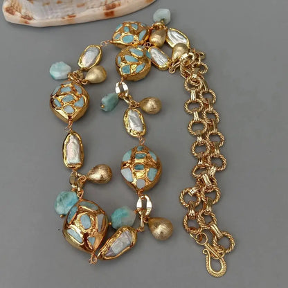 KKGEM natural blue larimar chips beads  natural Cultured White Biwa Pearl pave Gold Plated Chain Long Necklace 30"