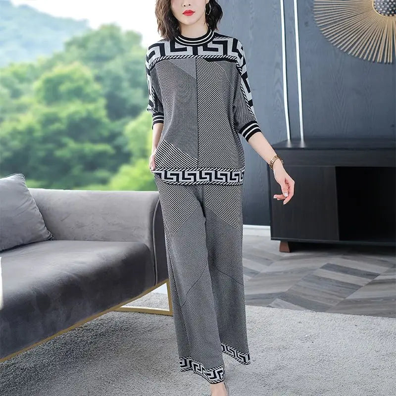 Two-piece Women Temperament Knitwear Clothing Set  Fashion New Autumn Loose Top+Wide Leg Pants Ladies Casual Clothing Sets