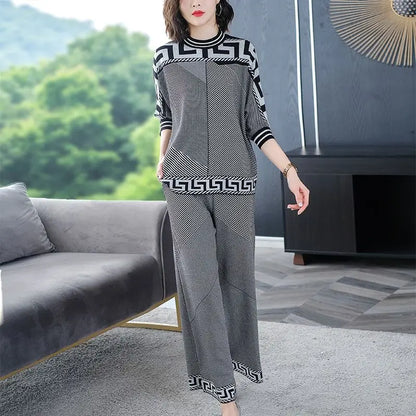 Two-piece Women Temperament Knitwear Clothing Set  Fashion New Autumn Loose Top+Wide Leg Pants Ladies Casual Clothing Sets