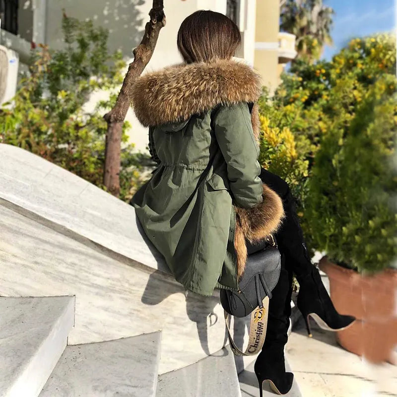 MAOMAOKONG 2023 Winter Women Coat Natural Fox Fur Collar Cuff Black Jackets Outwear Thick Luxury Real Fur Parka Women's Fur Coat