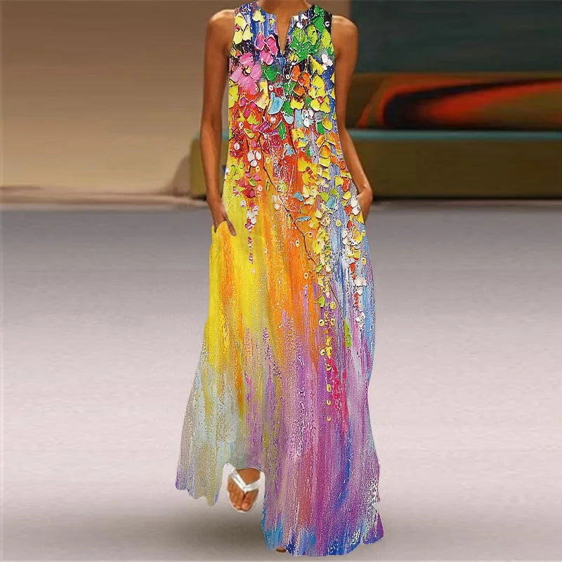 Sexy V-neck Sleeveless Dress For Women Summer Fashion Sundress Retro Print Long Dresses With Pocket Maxi Dress Femme Vestidos