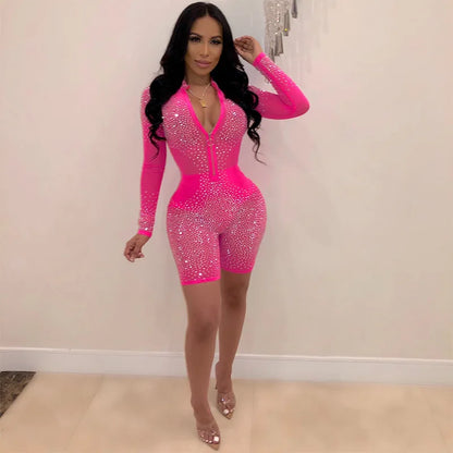 women high waist Rhinestone drawstring hollow out bodycon Skinny jumpsuit female sexy club party romper playsuit