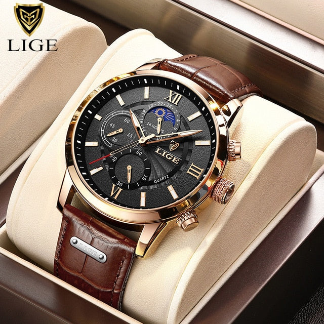Mens Watches LIGE Top Brand Luxury Leather Casual Quartz Watch Men Sport Waterproof Clock Watch