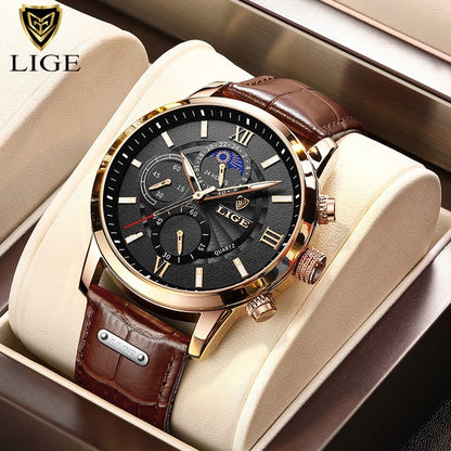 New Mens Watches LIGE Top Brand Luxury Leather Casual Quartz Watch Men's Sport Waterproof Clock Watch Relogio Masculino+Box