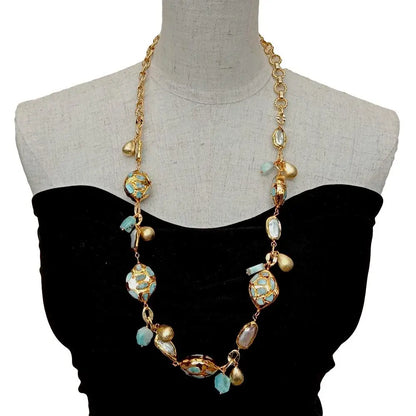KKGEM natural blue larimar chips beads  natural Cultured White Biwa Pearl pave Gold Plated Chain Long Necklace 30"