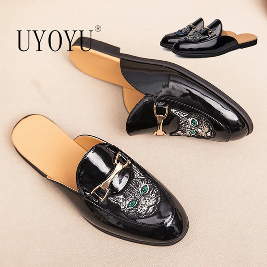 Office Designer Italian Men Half Shoes Luxury Cat Brand Patent Leather Mens Casual Shoes Loafers Mules Sandals Slides Slippers