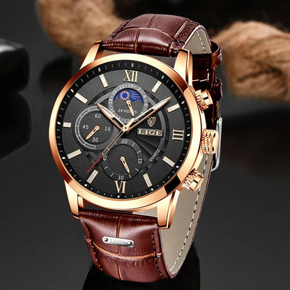 New Mens Watches LIGE Top Brand Luxury Leather Casual Quartz Watch Men's Sport Waterproof Clock Watch Relogio Masculino+Box