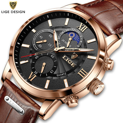 New Mens Watches LIGE Top Brand Luxury Leather Casual Quartz Watch Men's Sport Waterproof Clock Watch Relogio Masculino+Box