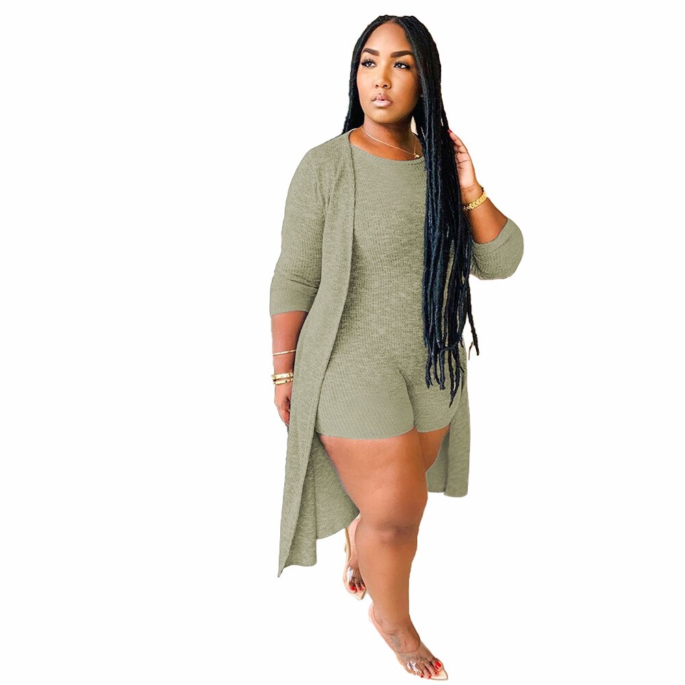 Women Plus Size Casual Two Piece Sets 2021 Spring New Arrivals O-neck Skinny Short Jumpsuits Long Sleeve Midi Cardigan Outfits