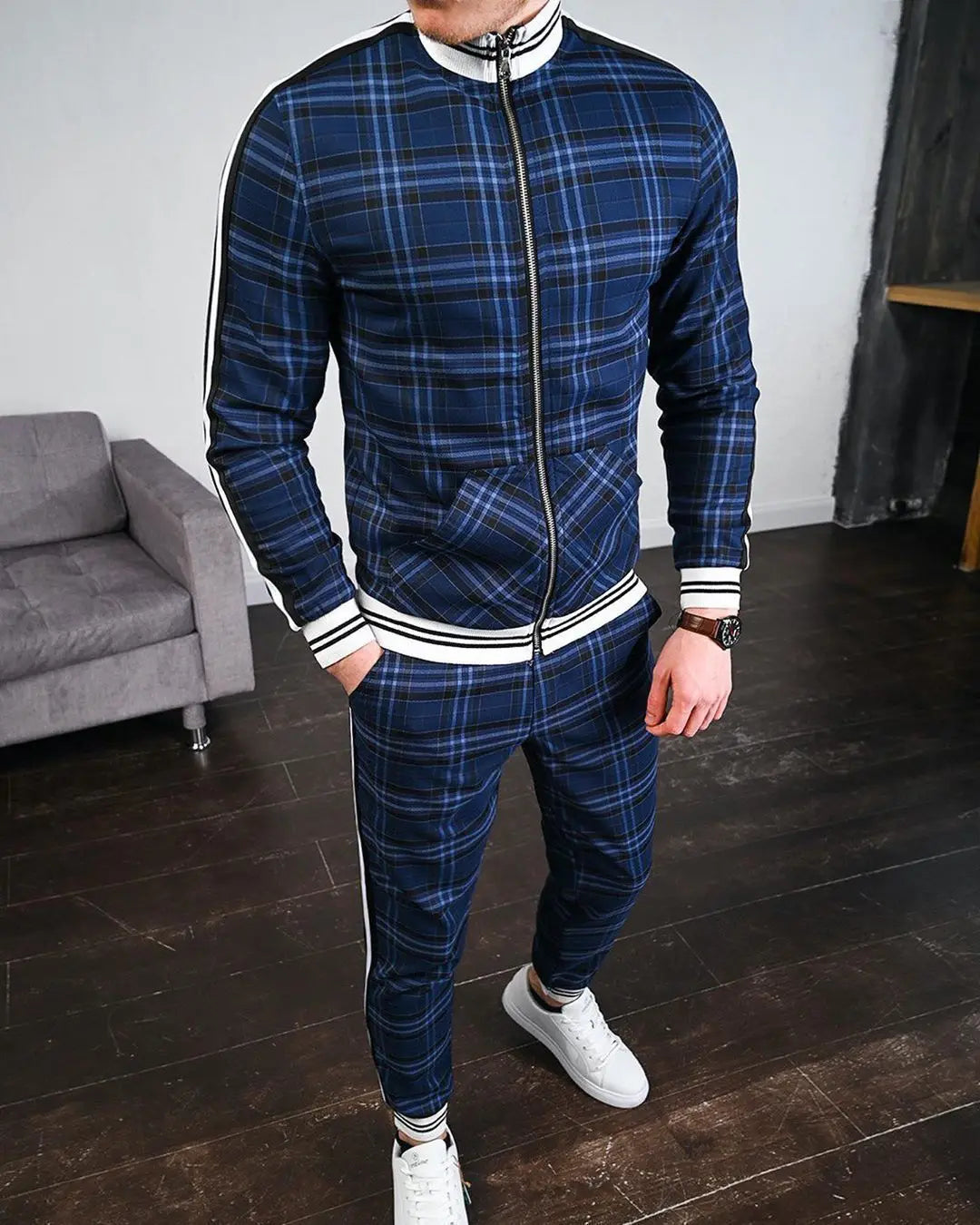 Mens Tracksuits Colorful Plaid Casual Zipper Hoodie Set 3D Print Set New Autumn Male Sweatshirt Clothes For Men