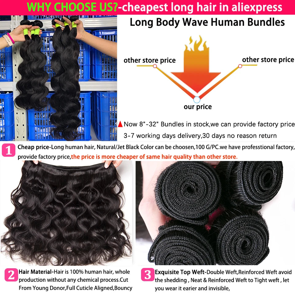 Beaufox Body Wave Bundles Brazilian Hair Weave Bundles 1/3/4 PCS Human Hair Bundles Natural /Jet Black 8-30"Remy Hair Extensions