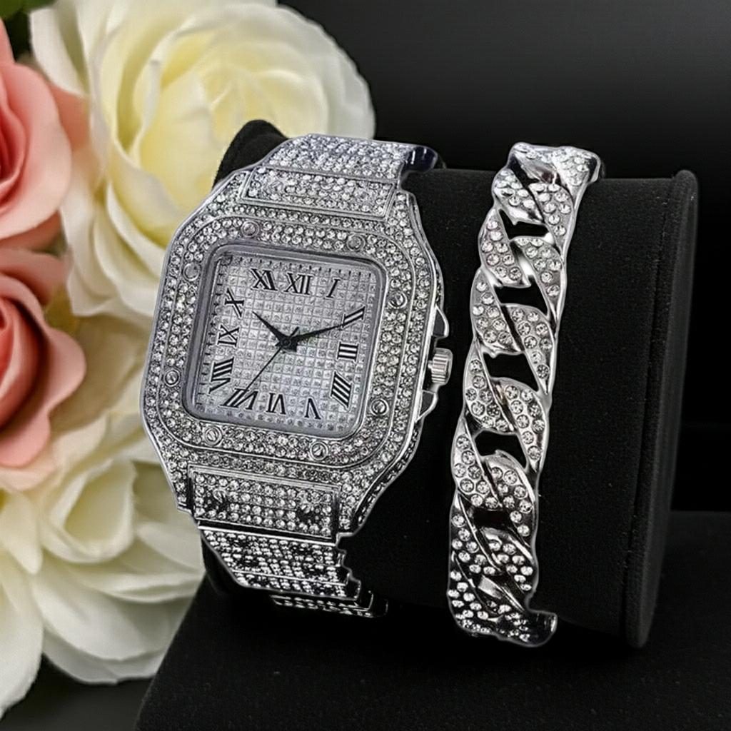 1pc Men's Rhinestone Square Big Dial Hip Hop Watch + 1pc Rhinestone Chain Zinc Alloy Bracelet Set(1 Watch + 1 Bracelet)