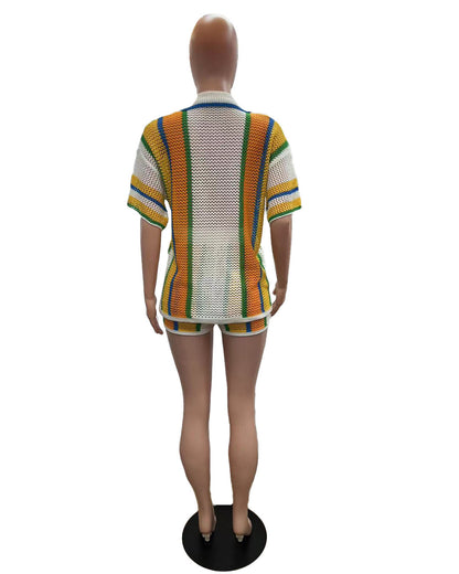 CM.YAYA Women's Set Striped Knitted Short Sleeve Button Shirt and Shorts  Summer Two 2 Piece Set Outfit Ribbed Tracksuit