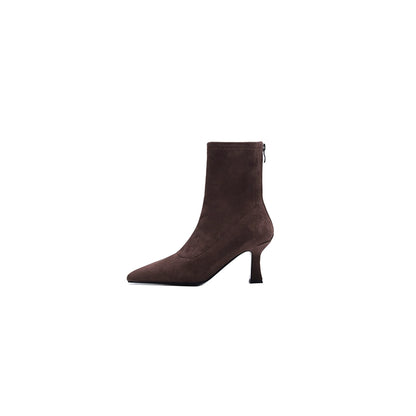 Brown Ankle Boots Women's High Heel  Autumn and Winter New French Joker Stiletto Heel Stretch Boots Suede Pointed Toe Skinny Boots
